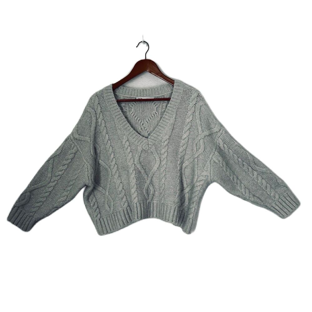Zara Sweater Women S Gray Crop Cable Knit V Neck Academic Ski Snowboard Preppy